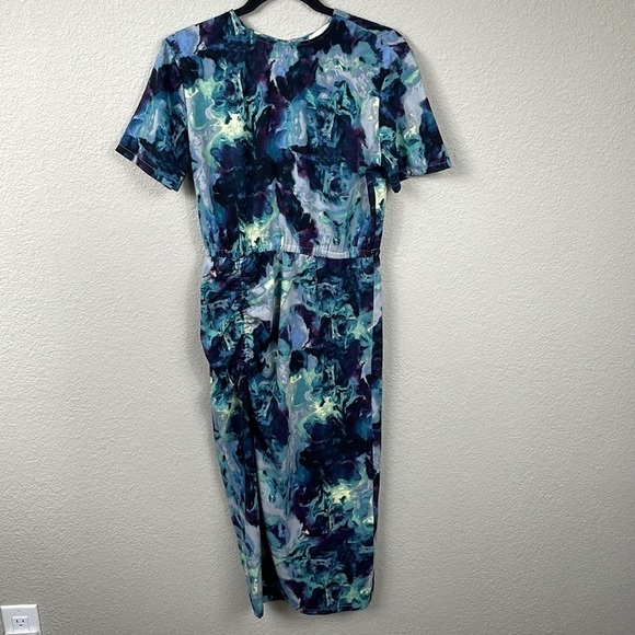 Open Edit Ruched Detail Midi Dress in Grey Blue Tie Dye Swirl Sz S - Picture 4 of 15